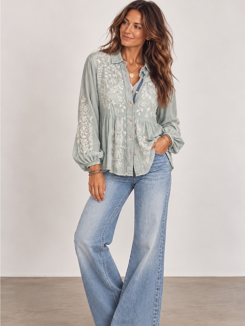 Johnny Was Embroidered Light Sage Button-Front Peasant Top